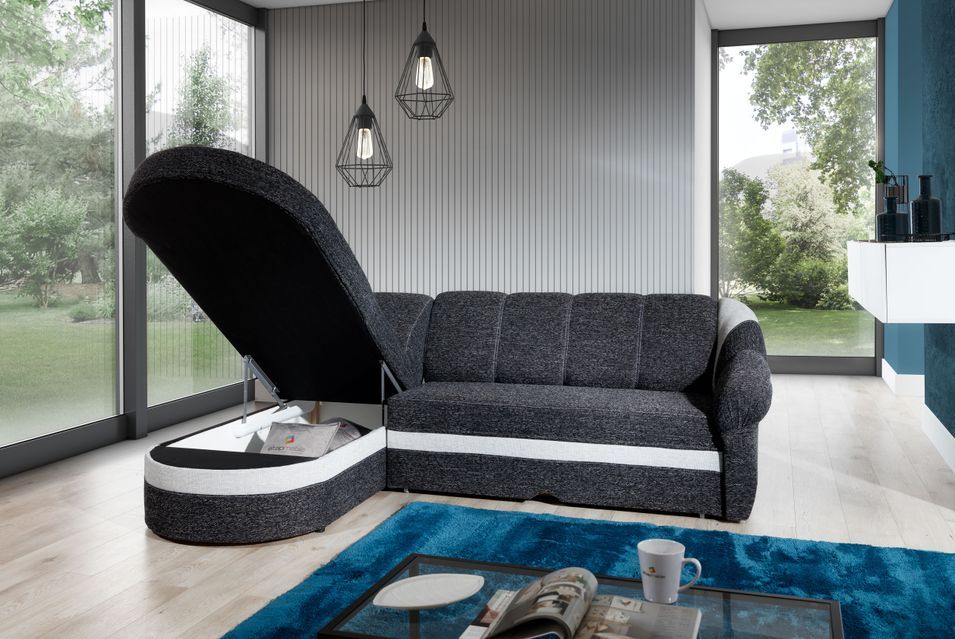 Canapé d'angle gauche convertible tissu rouge et noir Sundy 250 cm - Photo n°3
