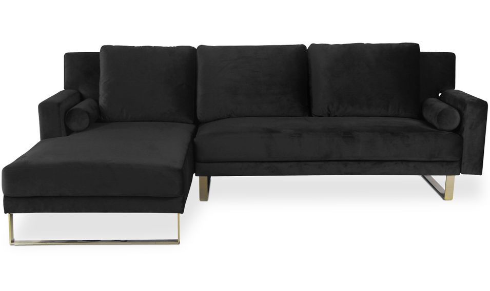 Canapé d'angle gauche convertible velours noir et pieds métal doré Nira L 262 cm - Photo n°1