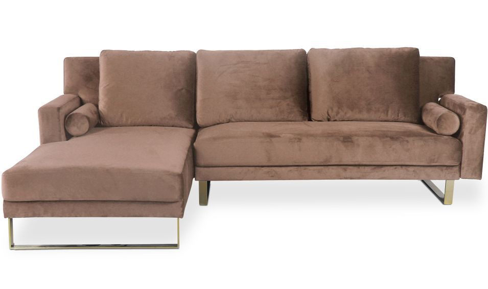 Canapé d'angle gauche convertible velours taupe et pieds métal doré Nira L 262 cm - Photo n°1