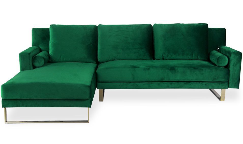Canapé d'angle gauche convertible velours vert et pieds métal doré Nira L 262 cm - Photo n°1