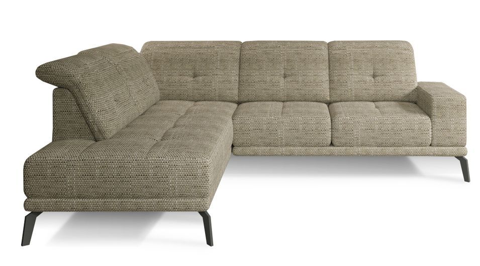 Canapé d'angle gauche design matelassé tissu beige chiné et pied noir Kazane 275 cm - Photo n°1