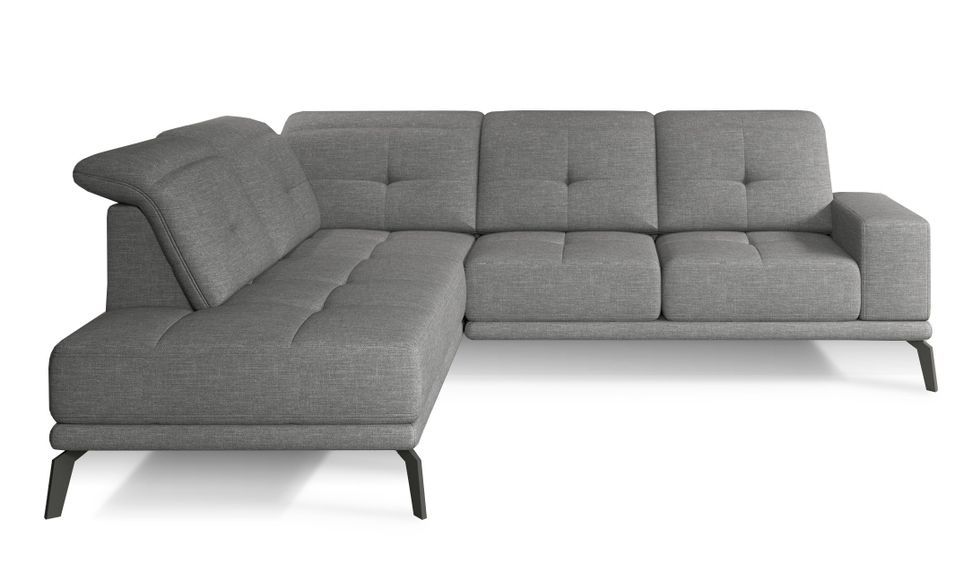 Canapé d'angle gauche design matelassé tissu gris clair chiné et pied noir Kazane 275 cm - Photo n°1
