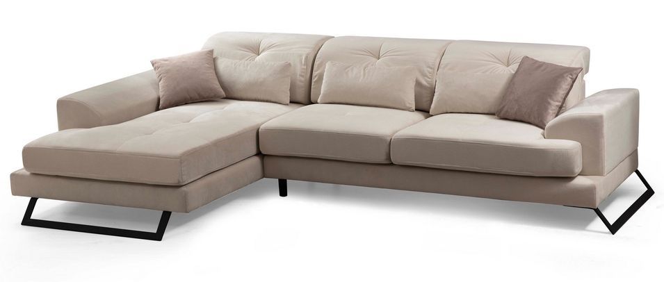 Canapé d'angle gauche velours beige clair têtières relevables pieds metal noir Briko 308 cm - Photo n°1