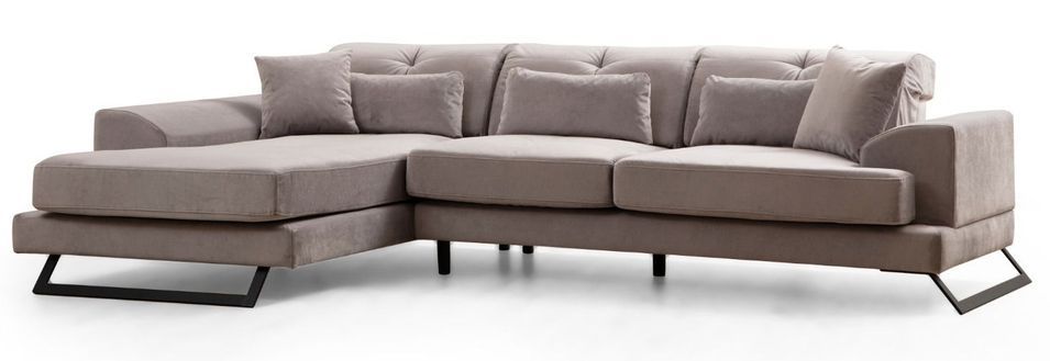 Canapé d'angle gauche velours gris avec têtières relevables et pieds metal noir Briko 308 cm - Photo n°1