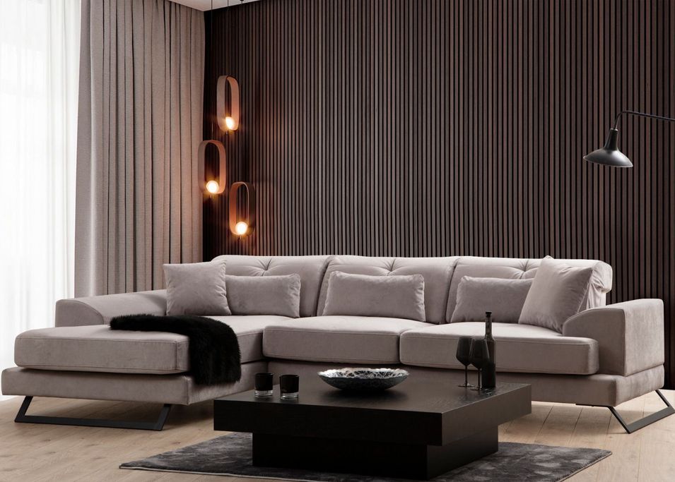 Canapé d'angle gauche velours gris avec têtières relevables et pieds metal noir Briko 308 cm - Photo n°1