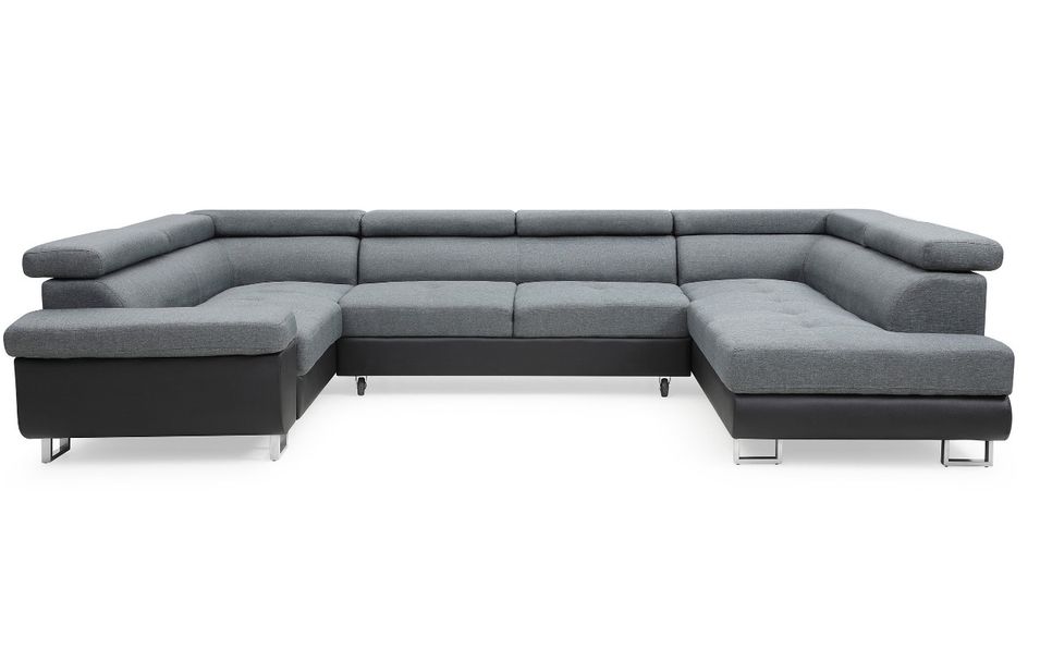 Canapé d'angle panoramique convertible simili cuir noir et tissu gris Boo - Photo n°1