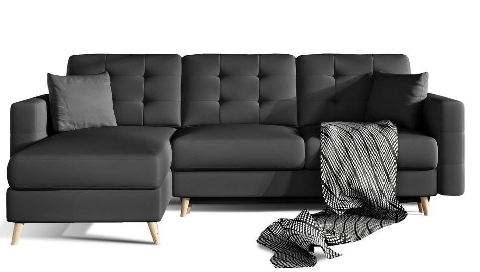 Canapé d’angle réversible convertible ANSKA en simili cuir avec pieds en bois naturel – 248 cm - Photo n°1