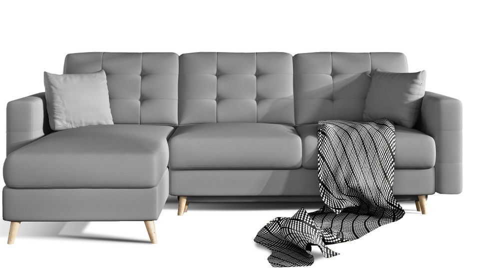 Canapé d’angle réversible convertible ANSKA en simili cuir avec pieds en bois naturel – 248 cm - Photo n°1