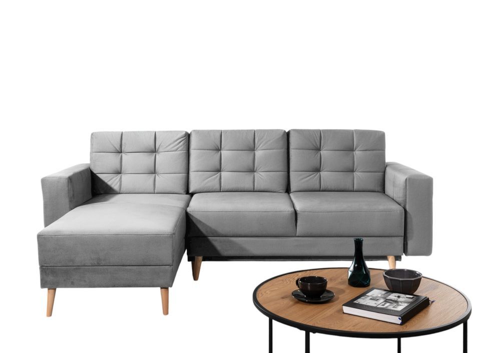 Canapé d’angle réversible convertible ANSKA en velours avec pieds en bois naturel – 248 cm - Photo n°1