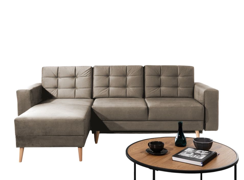 Canapé d’angle réversible convertible ANSKA en velours avec pieds en bois naturel – 248 cm - Photo n°1