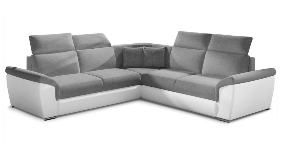 Canapé d’angle réversible convertible NEO en tissu et simili cuir avec pieds en acier chromé – 266 cm - Photo n°1