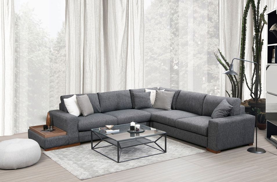 Canapé d'angle tissu anthracite avec étagère en bois sur la gauche Kaloé 323 cm - Photo n°2