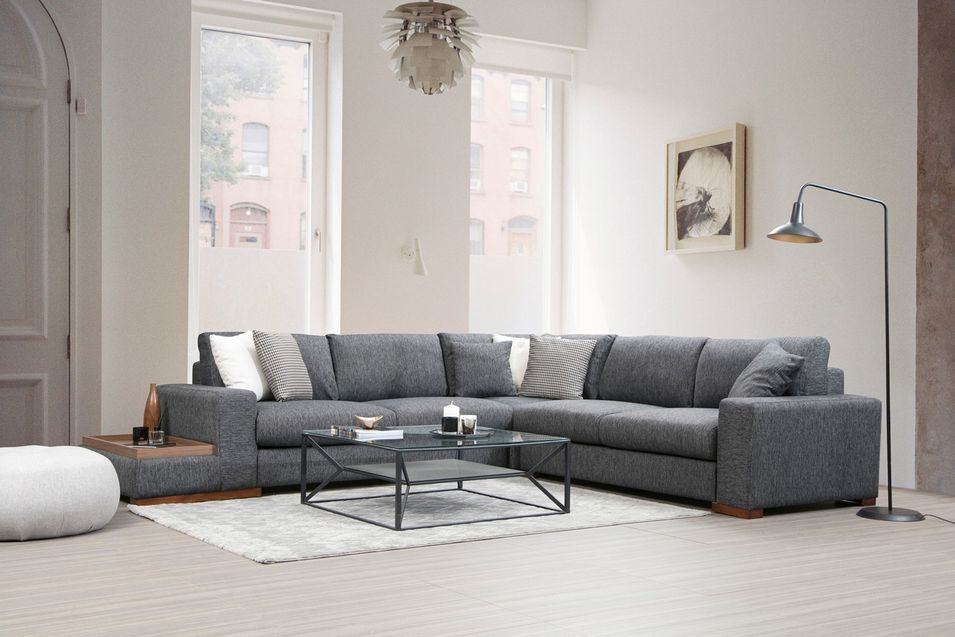 Canapé d'angle tissu anthracite avec étagère en bois sur la gauche Kaloé 323 cm - Photo n°3