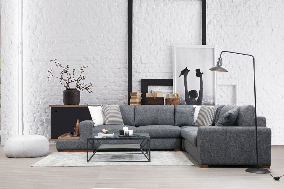 Canapé d'angle tissu anthracite avec étagère en bois sur la gauche Kaloé 323 cm - Photo n°4
