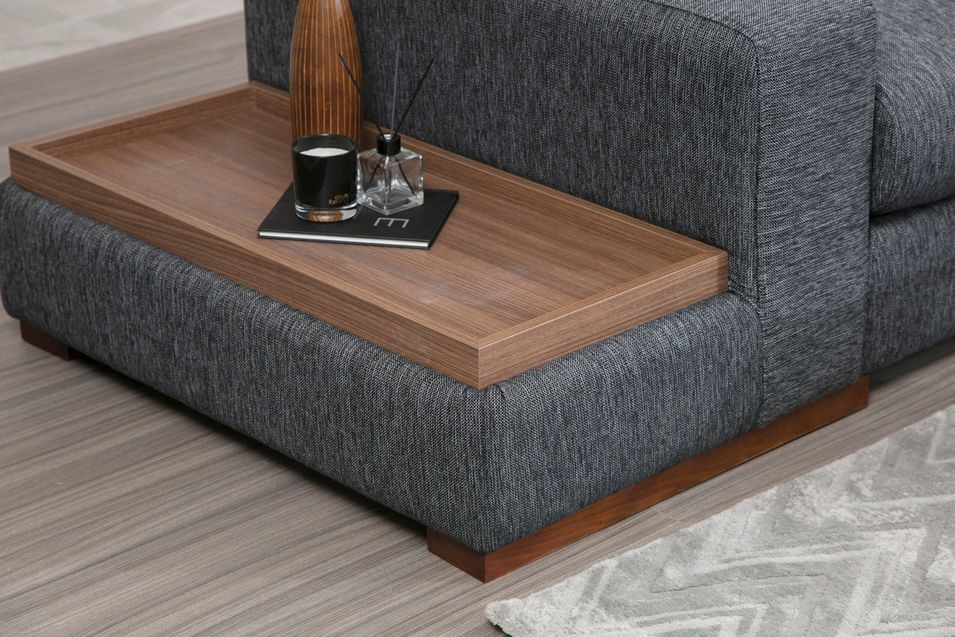 Canapé d'angle tissu anthracite avec étagère en bois sur la gauche Kaloé 323 cm - Photo n°5