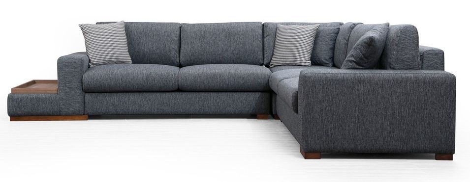Canapé d'angle tissu anthracite avec étagère en bois sur la gauche Kaloé 323 cm - Photo n°6