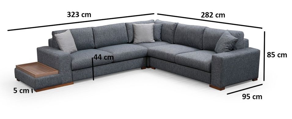 Canapé d'angle tissu anthracite avec étagère en bois sur la gauche Kaloé 323 cm - Photo n°9