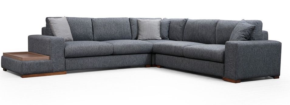 Canapé d'angle tissu anthracite avec étagère en bois sur la gauche Kaloé 323 cm - Photo n°1