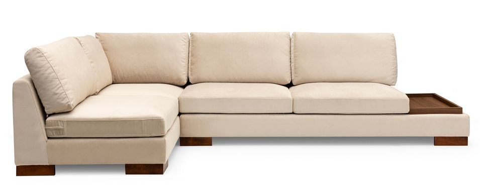 Canapé d'angle velours avec plateau en bois noyer Bakiza 313 cm - Photo n°1