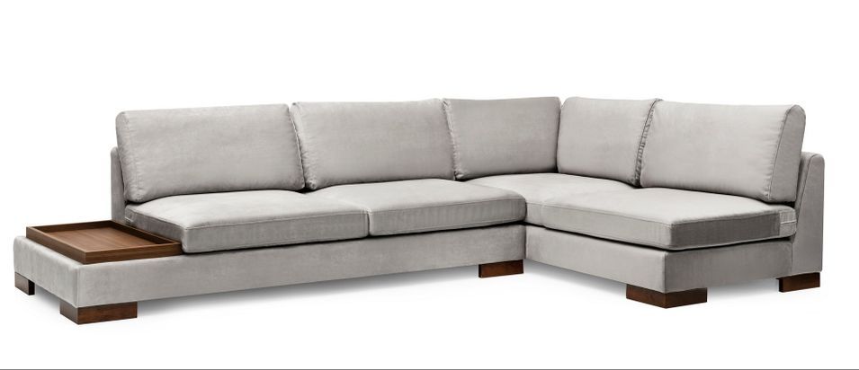 Canapé d'angle velours avec plateau en bois noyer Bakiza 313 cm - Photo n°1