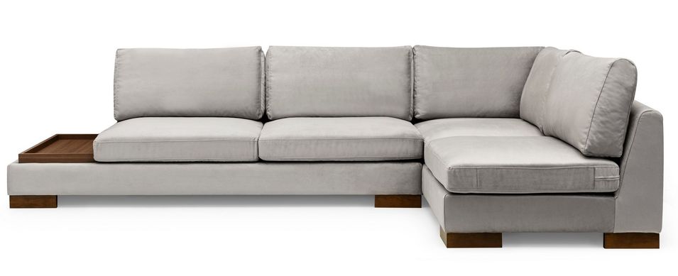 Canapé d'angle velours avec plateau en bois noyer Bakiza 313 cm - Photo n°1