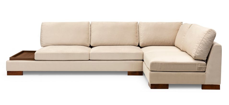 Canapé d'angle velours avec plateau en bois noyer Bakiza 313 cm - Photo n°1