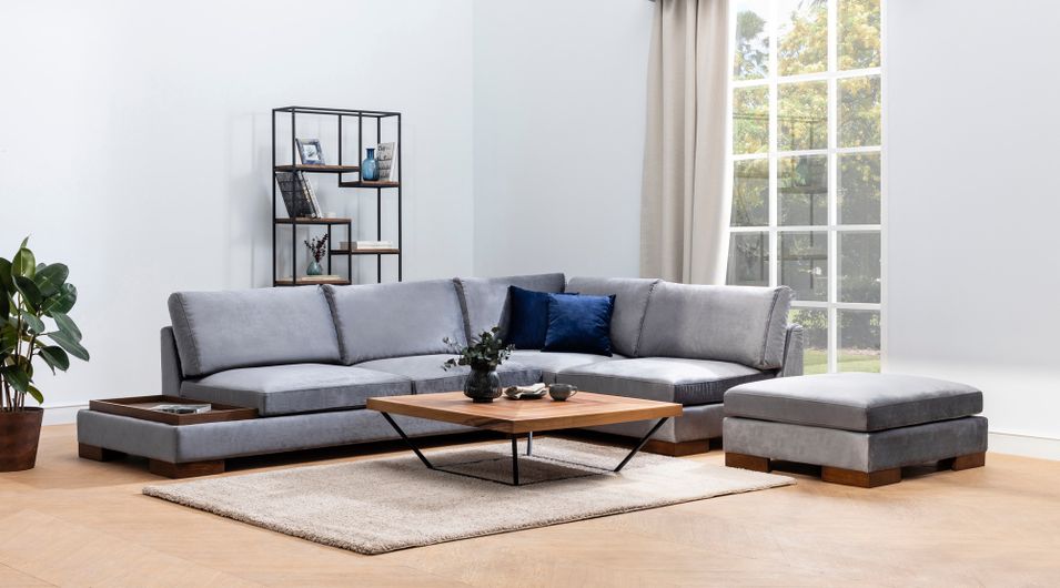 Canapé d'angle velours avec plateau en bois noyer Bakiza 313 cm - Photo n°1