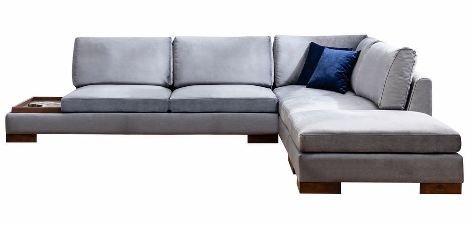 Canapé d'angle velours avec plateau en bois noyer Bakiza 313 cm - Photo n°1