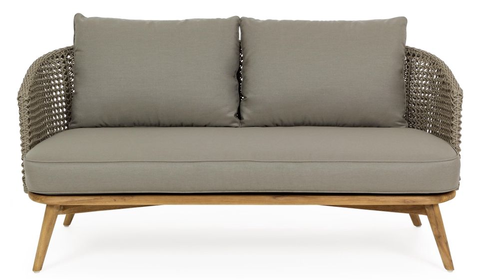 Canapé de jardin 3 places tressage en corde beige et pieds en teck avec finition rustique Irina 160 cm - Photo n°1