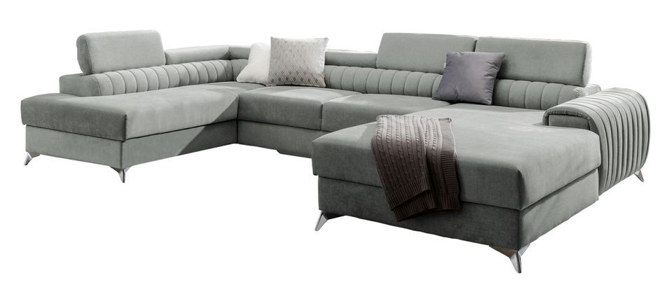 Canapé en U convertible KALANTE tissu - Coffre de rangement et appuie-têtes réglables - Photo n°1