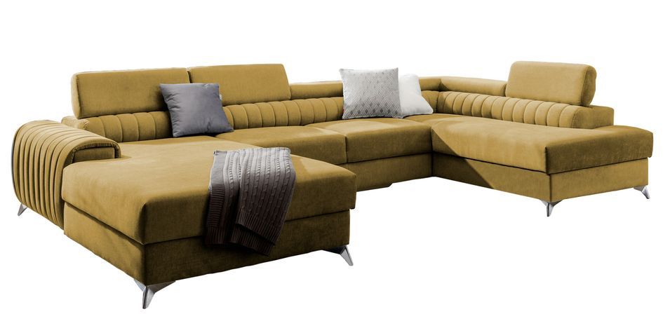 Canapé en U convertible KALANTE tissu - Coffre de rangement et appuie-têtes réglables - Photo n°1