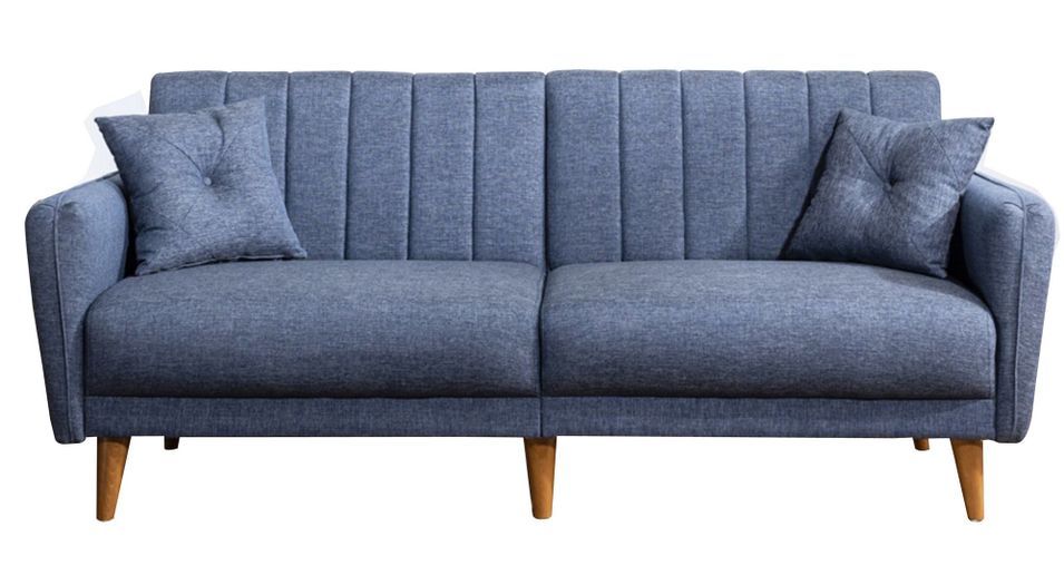 Canapé lit 3 places tissu lin bleu jean et pieds bois naturel Shekal 210 cm - Photo n°1