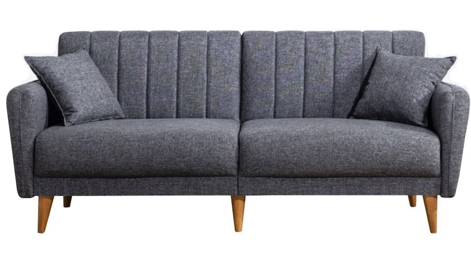 Canapé lit 3 places tissu lin gris foncé et pieds bois naturel Shekal 210 cm - Photo n°1