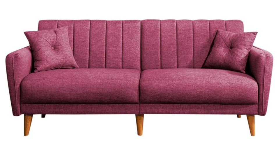 Canapé lit 3 places tissu lin rouge guava et pieds bois naturel Shekal 210 cm - Photo n°1