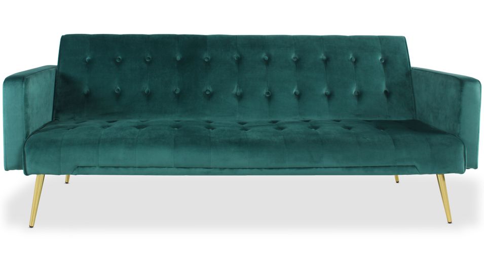 Canapé lit 3 places velours vert et pieds métal doré Justine 175 cm - Photo n°1