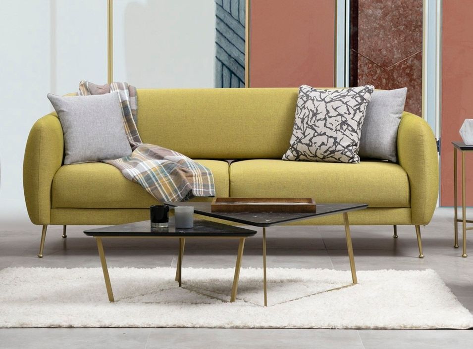 Canapé moderne 3 places tissu jaune et pieds métal noir Kezila 214 cm - Photo n°1