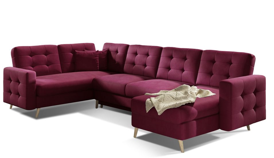 Canapé panoramique convertible ANSKA en tissu - Pieds bois naturel - Photo n°1