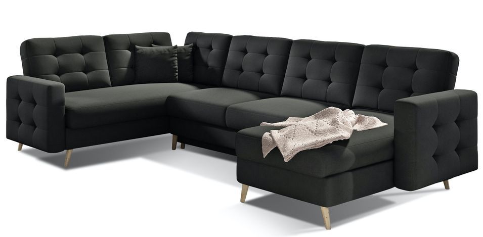 Canapé panoramique convertible ANSKA en tissu - Pieds bois naturel - Photo n°1