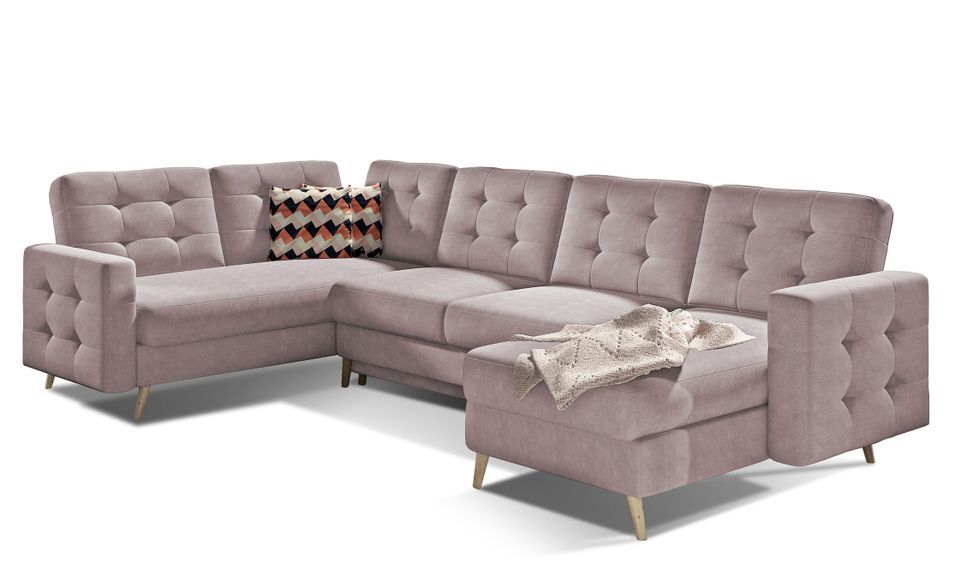 Canapé panoramique convertible ANSKA en tissu - Pieds bois naturel - Photo n°1