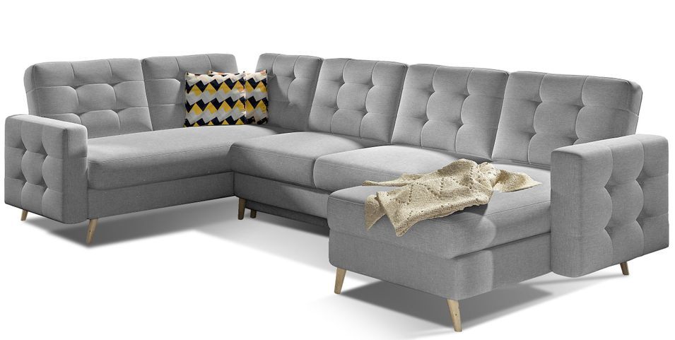 Canapé panoramique convertible ANSKA en tissu - Pieds bois naturel - Photo n°1