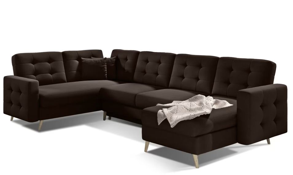 Canapé panoramique convertible ANSKA en tissu - Pieds bois naturel - Photo n°1