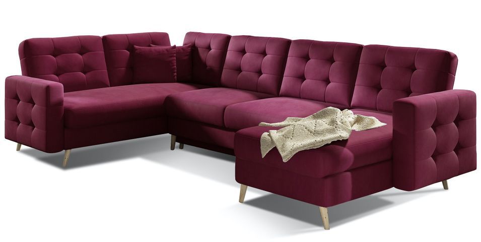Canapé panoramique convertible ANSKA en velours avec pieds en bois naturel – 325 cm - Photo n°1