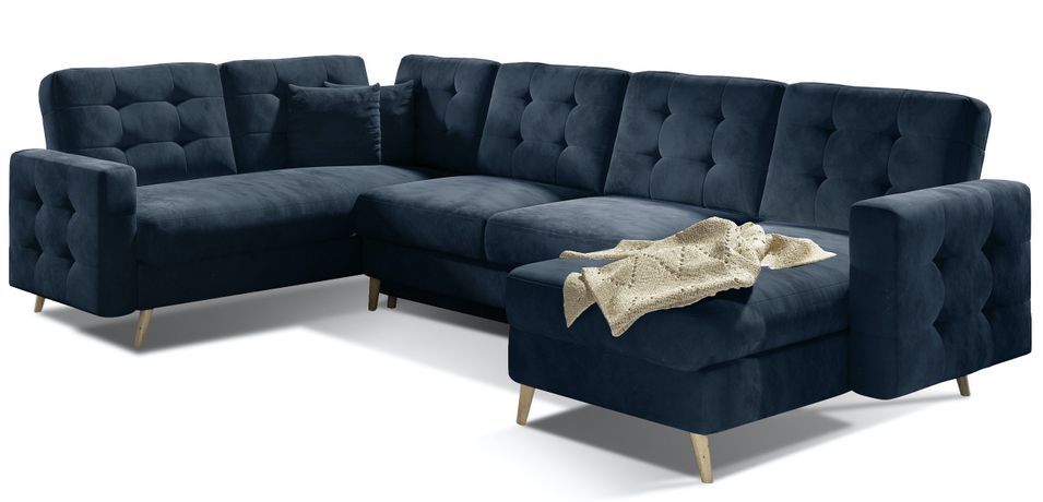 Canapé panoramique convertible ANSKA en velours avec pieds en bois naturel – 325 cm - Photo n°1