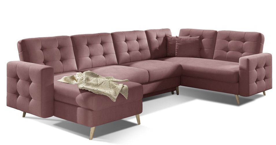 Canapé panoramique convertible ANSKA en velours avec pieds en bois naturel – 325 cm - Photo n°1