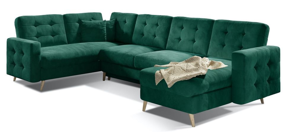 Canapé panoramique convertible ANSKA en velours avec pieds en bois naturel – 325 cm - Photo n°1