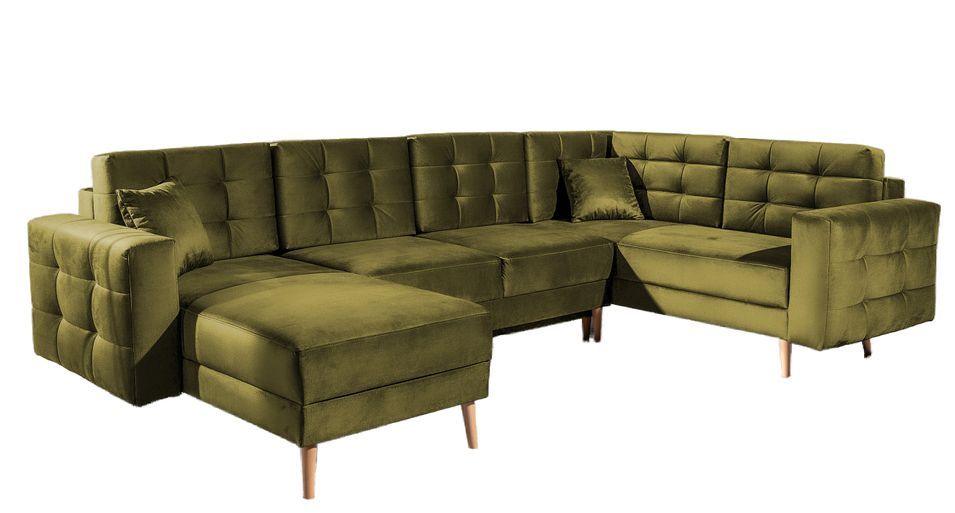 Canapé panoramique convertible ANSKA en velours avec pieds en bois naturel – 325 cm - Photo n°1