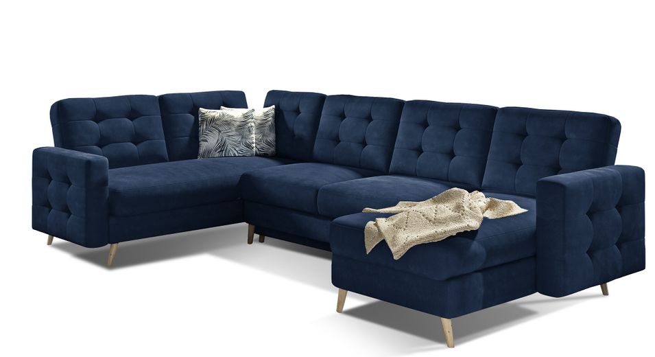 Canapé panoramique convertible ANSKA en velours - Pieds bois naturel - Photo n°1