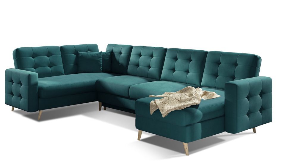 Canapé panoramique convertible ANSKA en velours - Pieds bois naturel - Photo n°1