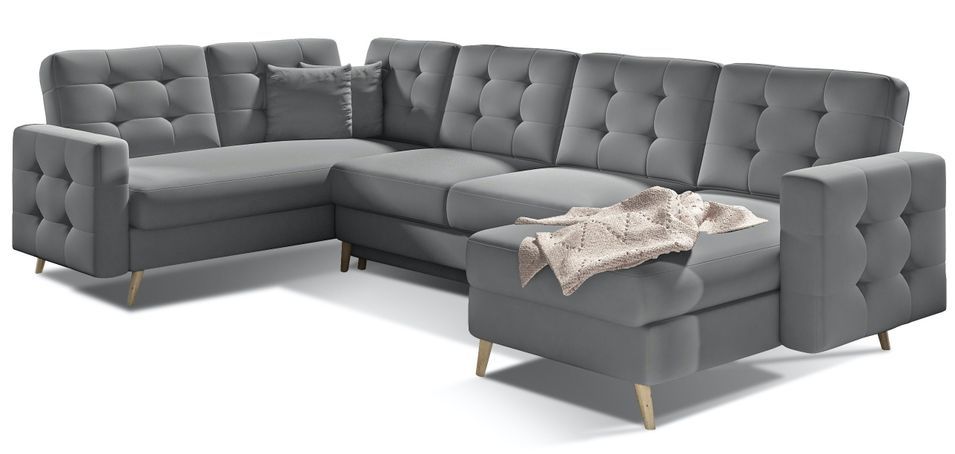 Canapé panoramique convertible capitonné simili cuir gris Anska 320 cm - Photo n°1