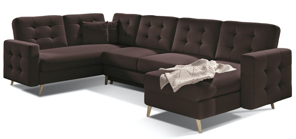 Canapé panoramique convertible capitonné simili cuir marron Anska 320 cm - Photo n°1